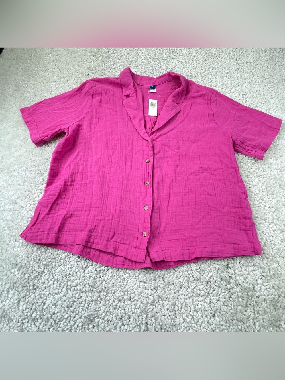 NEW Old Navy Fuchsia Pink Crinkle Gauze Button Up Shirt Boxy Medium
